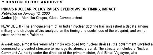 Boston Globe archive on India's nuclear arsenal
