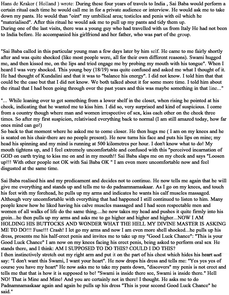 Hans de Kraker - excerpt of his testimony of sex abuse b y Sathya Sai Baba